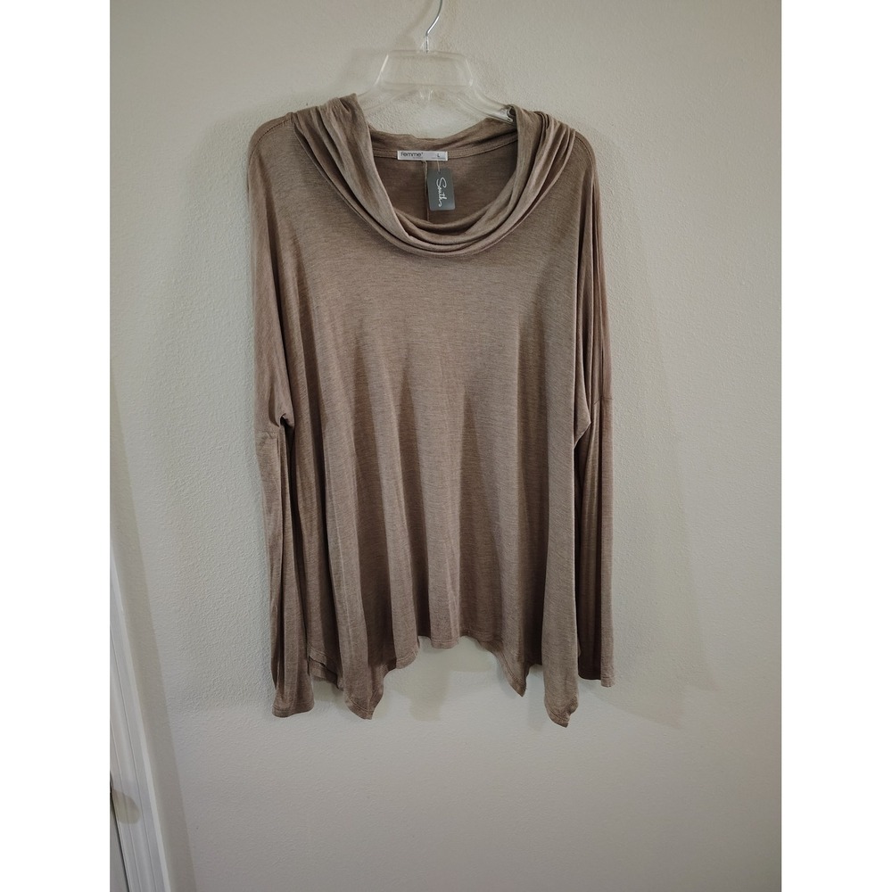 Femme by Tresics  Taupe Brown Cowl Neck Long Sleeve Sharkbite Hem Top L NWT